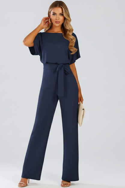 Gabriella | Women’s Wide Leg Jumpsuit With Short Sleeves Belt